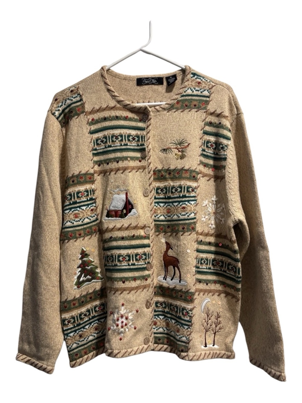 Crystal Kobe Beige Embroidered Holiday Cardigan Sweater XL